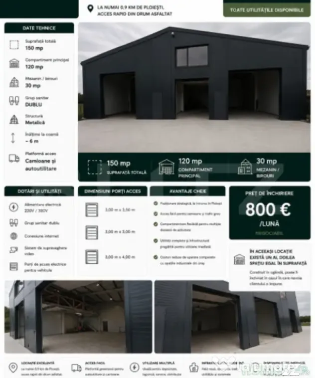 Hala de inchiriat 2026, 150 mp,Ploiesti acces facil A3 - Barcanesti (Prahova)