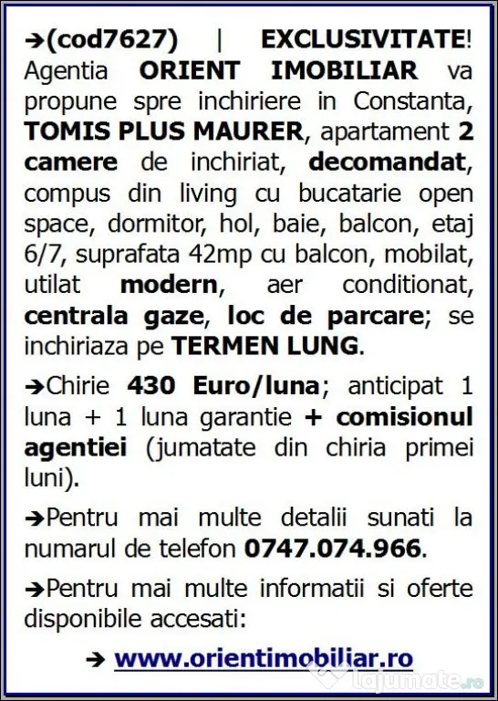 Tomis Plus Maurer, de inchiriat 2 camere, mobilat, gaze loc de parcare
