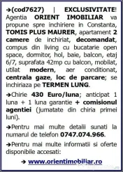 Tomis Plus Maurer, de inchiriat 2 camere, mobilat, gaze loc de parcare 