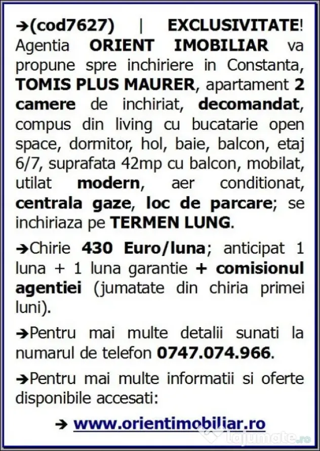 Tomis Plus Maurer, de inchiriat 2 camere, mobilat, gaze loc de parcare