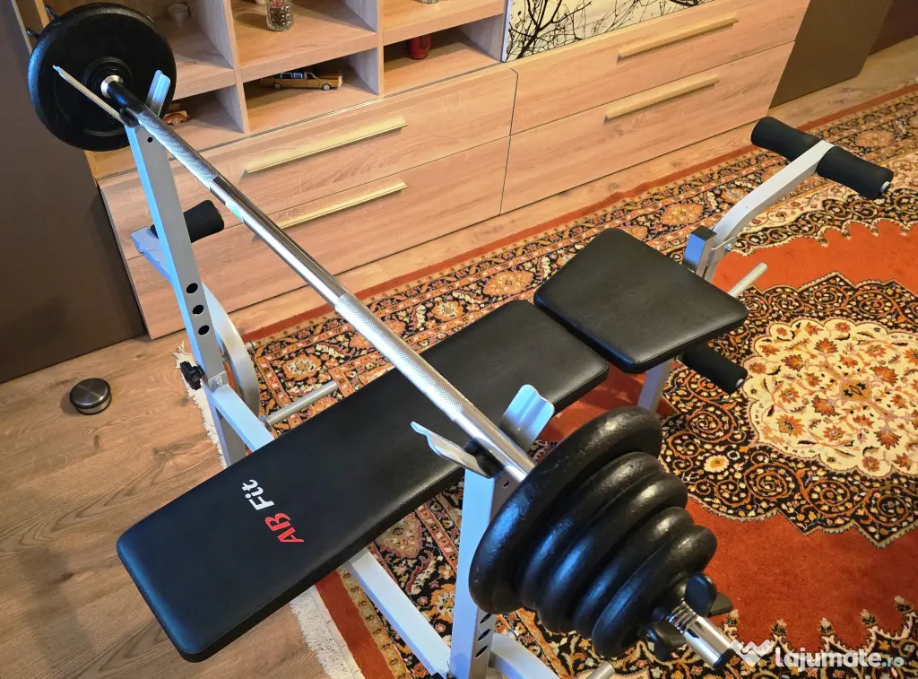 Banca exercitii + haltera cu greutati fonta 25 kg