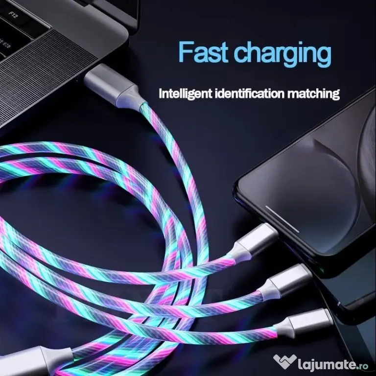 Cablu de Incarcare 3 in 1 Type C, Micro USB, Apple Lightning iPhone cu LED-uri