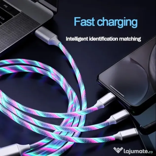 Cablu de Incarcare 3 in 1 Type C, Micro USB, Apple Lightning iPhone cu LED-uri