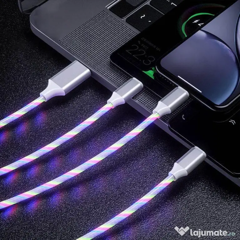 Cablu de Incarcare 3 in 1 Type C, Micro USB, Apple Lightning iPhone cu LED-uri