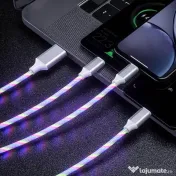 Cablu de Incarcare 3 in 1 Type C, Micro USB, Apple Lightning iPhone cu LED-uri 