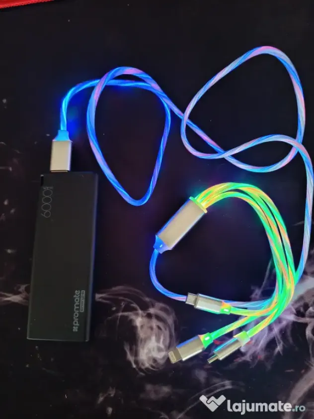 Cablu de Incarcare 3 in 1 Type C, Micro USB, Apple Lightning iPhone cu LED-uri