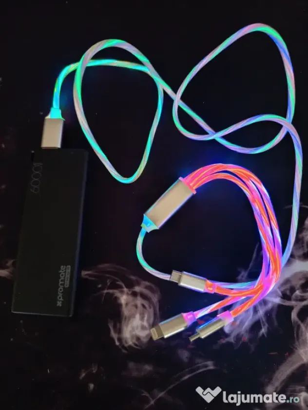 Cablu de Incarcare 3 in 1 Type C, Micro USB, Apple Lightning iPhone cu LED-uri