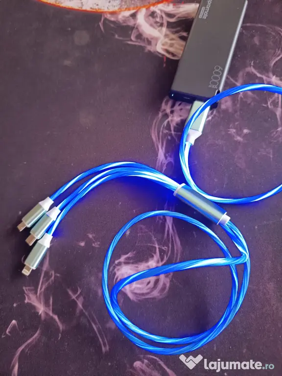Cablu de Incarcare 3 in 1 Type C, Micro USB, Apple Lightning iPhone cu LED-uri