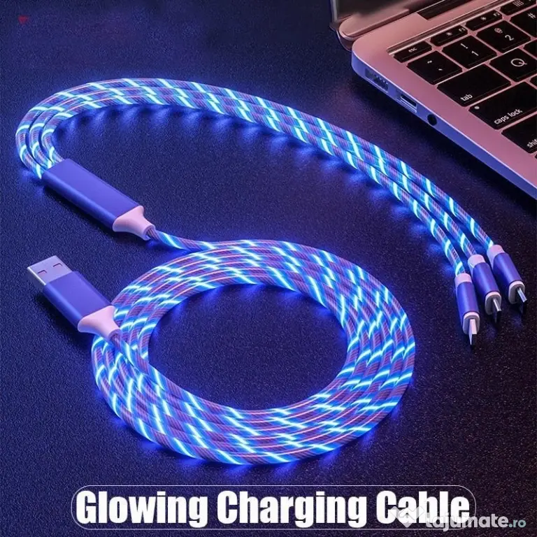 Cablu de Incarcare 3 in 1 Type C, Micro USB, Apple Lightning iPhone cu LED-uri