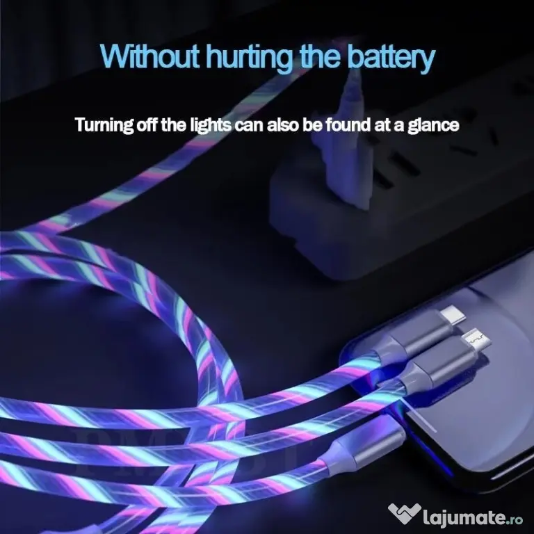 Cablu de Incarcare 3 in 1 Type C, Micro USB, Apple Lightning iPhone cu LED-uri