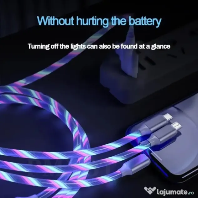 Cablu de Incarcare 3 in 1 Type C, Micro USB, Apple Lightning iPhone cu LED-uri