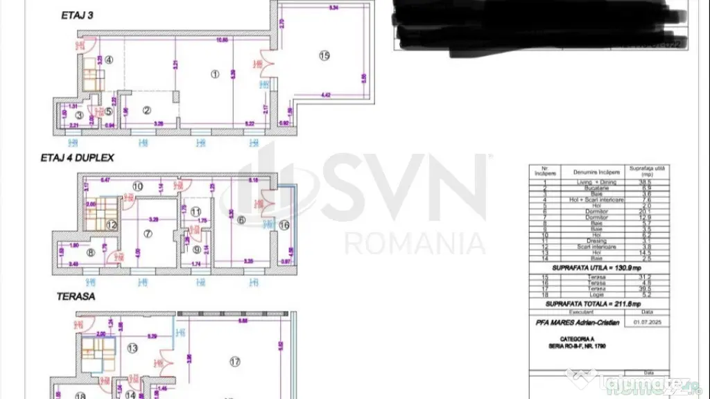 Apartament 4 Camere tip TRIPLEX- Terase 70mp