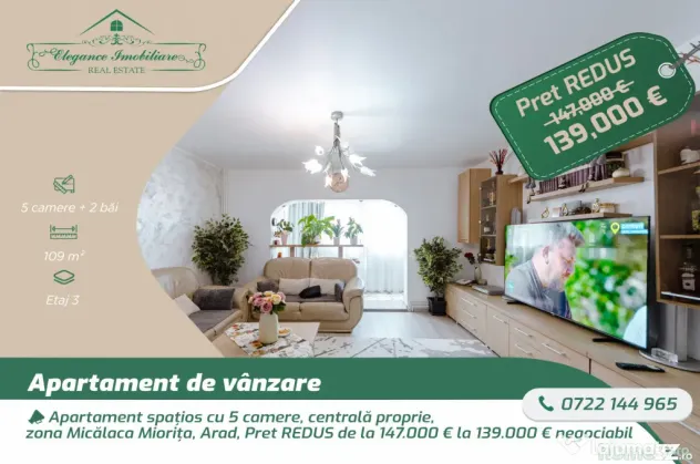 Apartament spațios cu 5 camere, centrală proprie, zona Mi