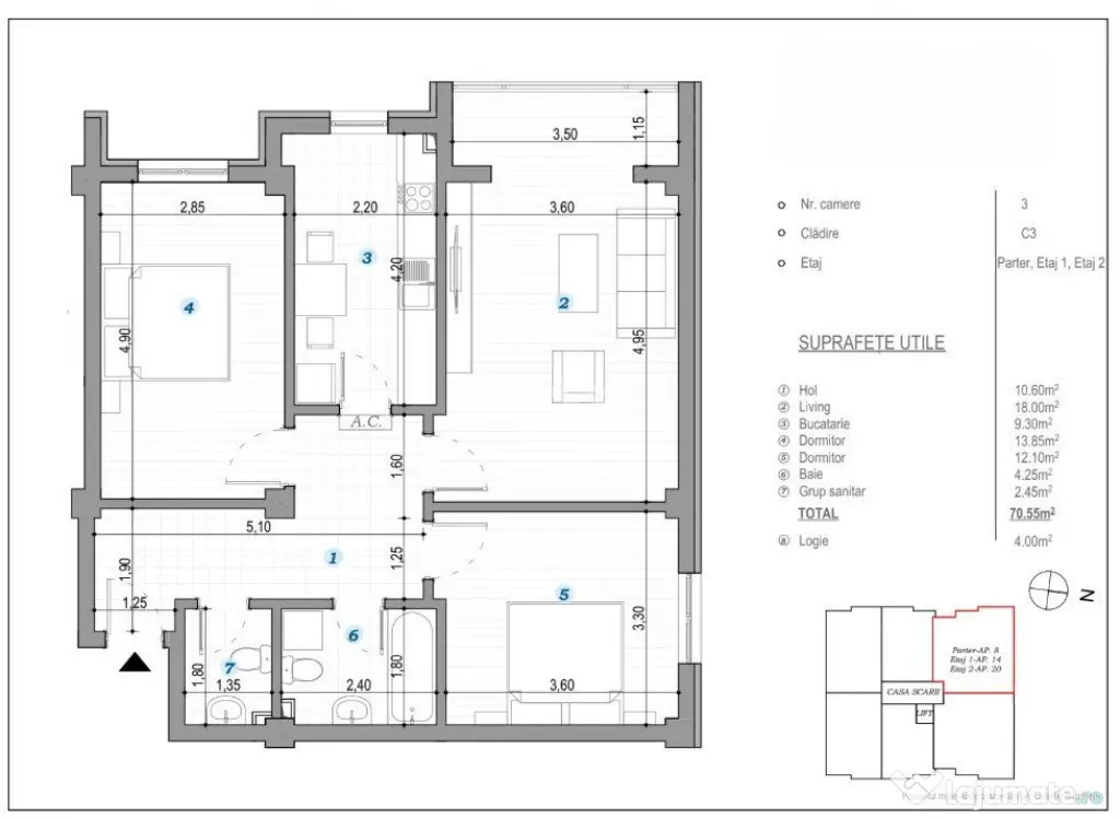 COMISION 0% ! INTABULAT! 3 CAMERE 2 BAI 74 MP BLOC NOU POPAS