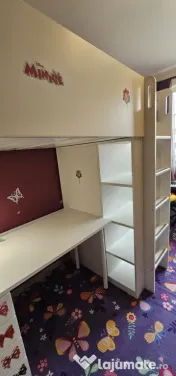 Pat supraetajat copil + dulap haine + birou cu 4 sertare + bibliotecă alb, IKEA 