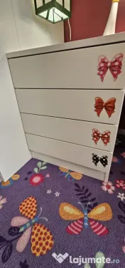 Pat supraetajat copil + dulap haine + birou cu 4 sertare + bibliotecă alb, IKEA 