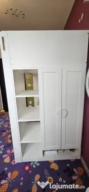 Pat supraetajat copil + dulap haine + birou cu 4 sertare + bibliotecă alb, IKEA 
