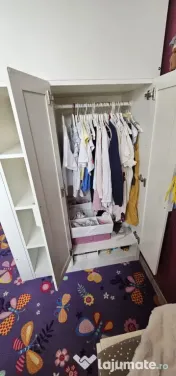 Pat supraetajat copil + dulap haine + birou cu 4 sertare + bibliotecă alb, IKEA 