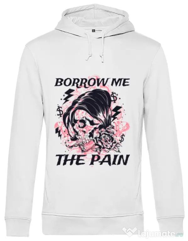 Hoodie barbat cu gluga Borrow me the pain Alb