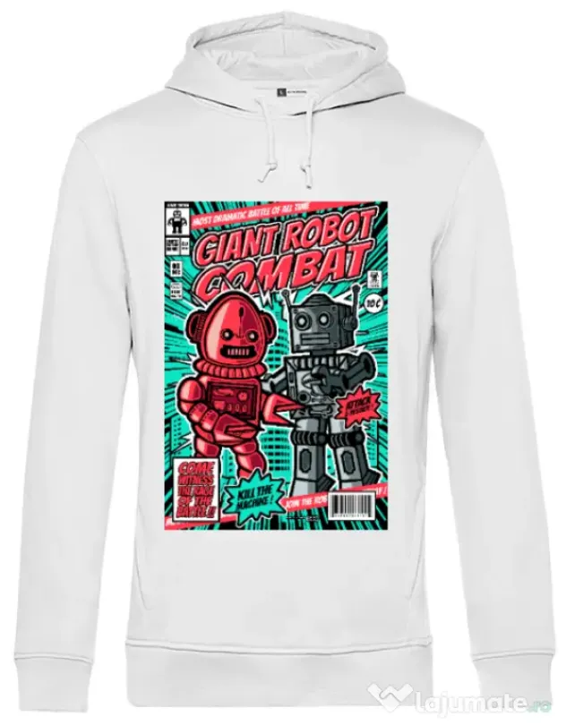 Hoodie barbat cu gluga Giant robot combat Alb