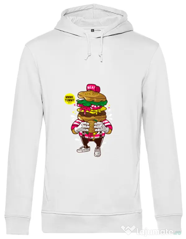 Hoodie barbat cu gluga I Love Burger Alb