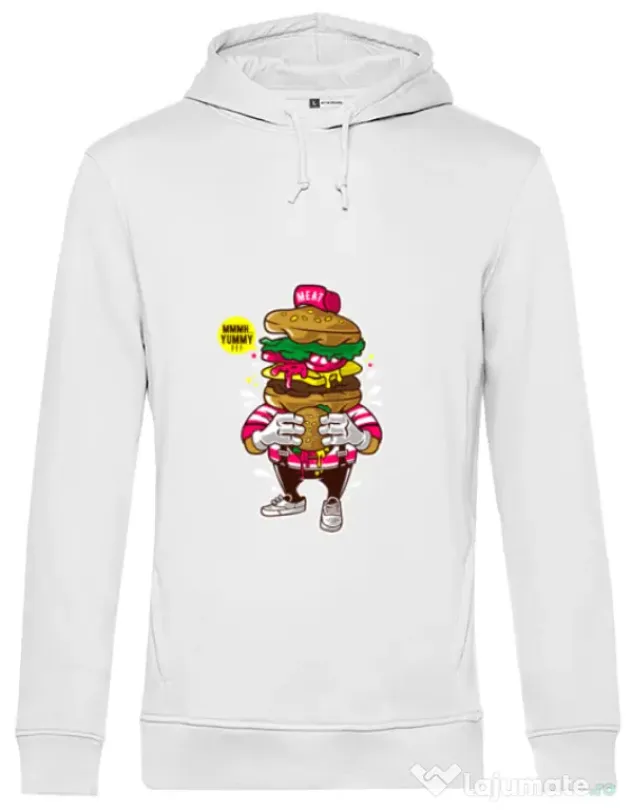 Hoodie barbat cu gluga I Love Burger Alb