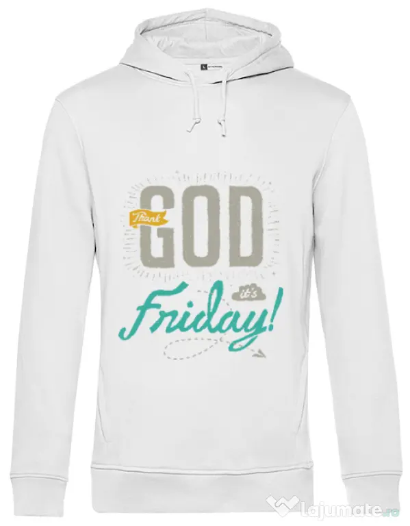 Hoodie barbat cu gluga Thank GOD its Friday Alb