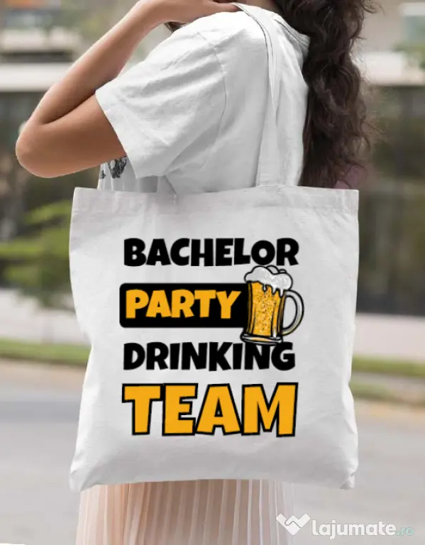 Sacosa personalizata Petrecerea burlacilor Bachelor Party Alb