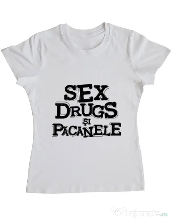 Tricou ADLER dama Sex, drugs si pacanele Alb