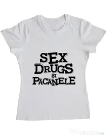 Tricou ADLER dama Sex, drugs si pacanele Alb