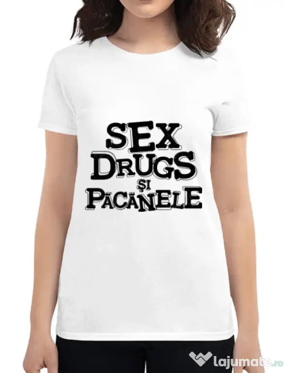Tricou ADLER dama Sex, drugs si pacanele Alb