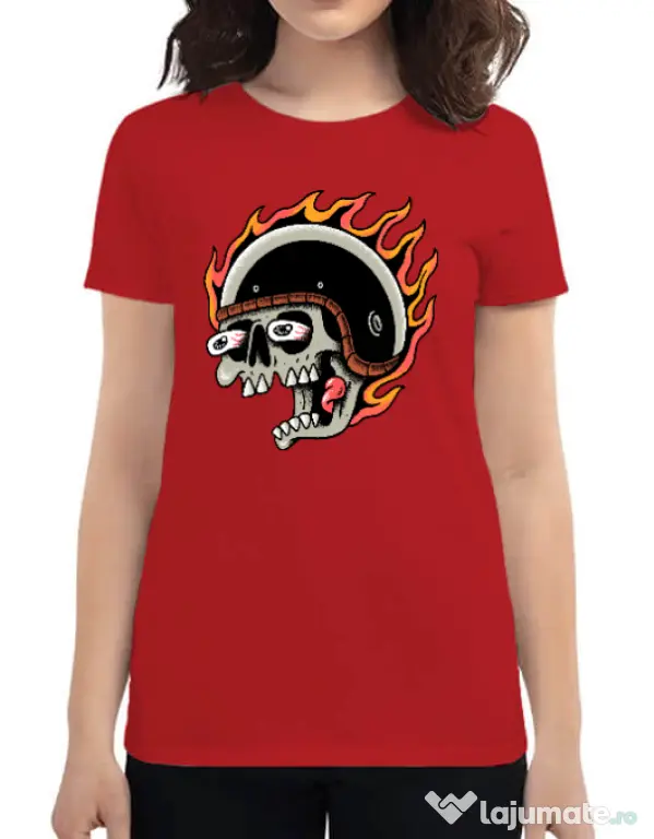 Tricou personalizat dama Skull Biker Rosu