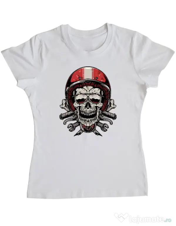 Tricou personalizat dama Skull Biker Alb