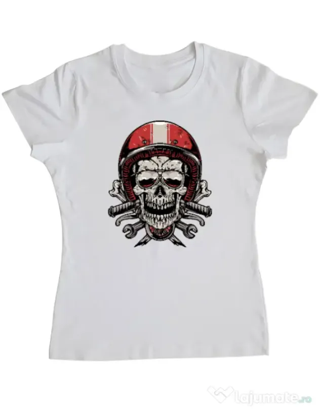 Tricou personalizat dama Skull Biker Alb