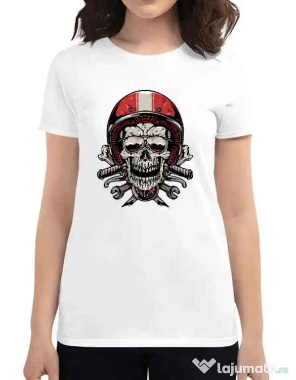 Tricou personalizat dama Skull Biker Alb