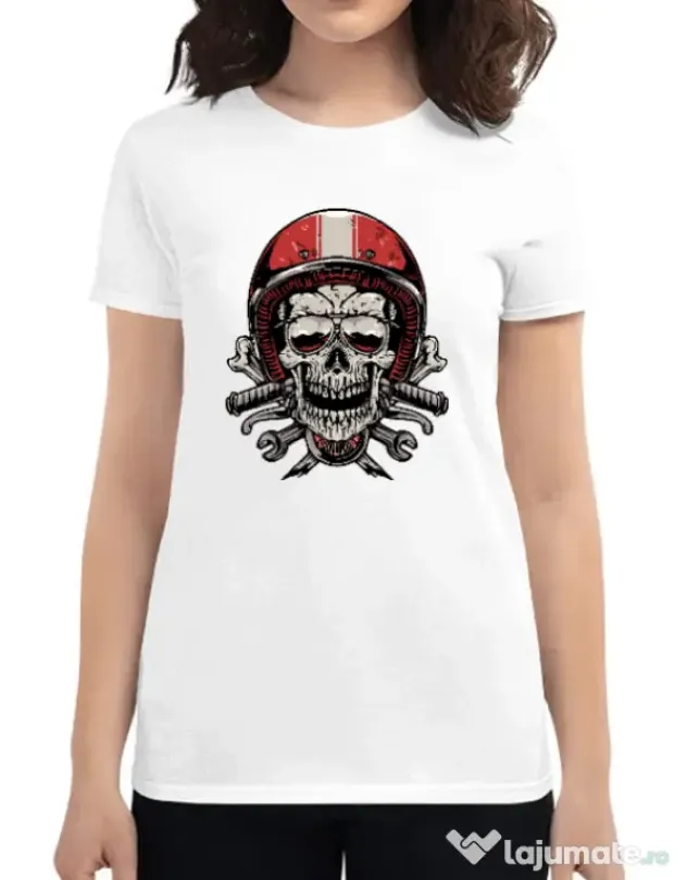 Tricou personalizat dama Skull Biker Alb