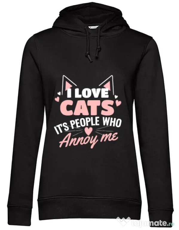 Hoodie dama cu gluga I love cats Negru