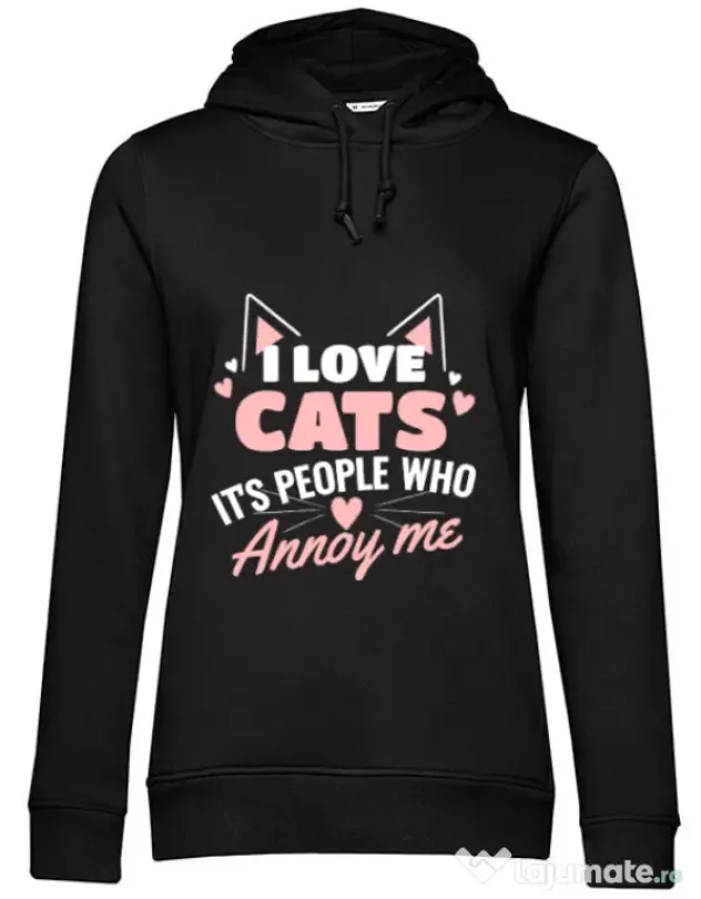 Hoodie dama cu gluga I love cats Negru