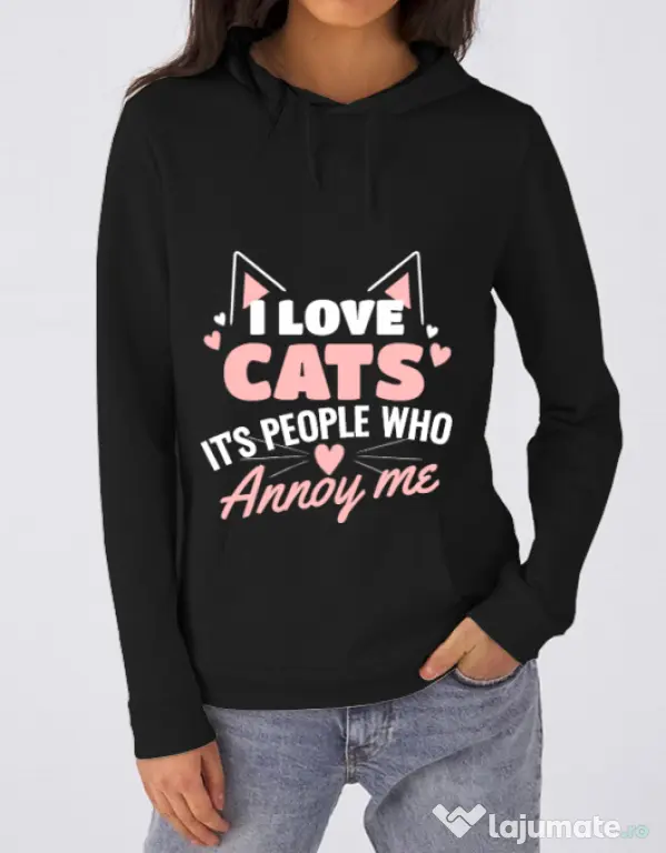 Hoodie dama cu gluga I love cats Negru