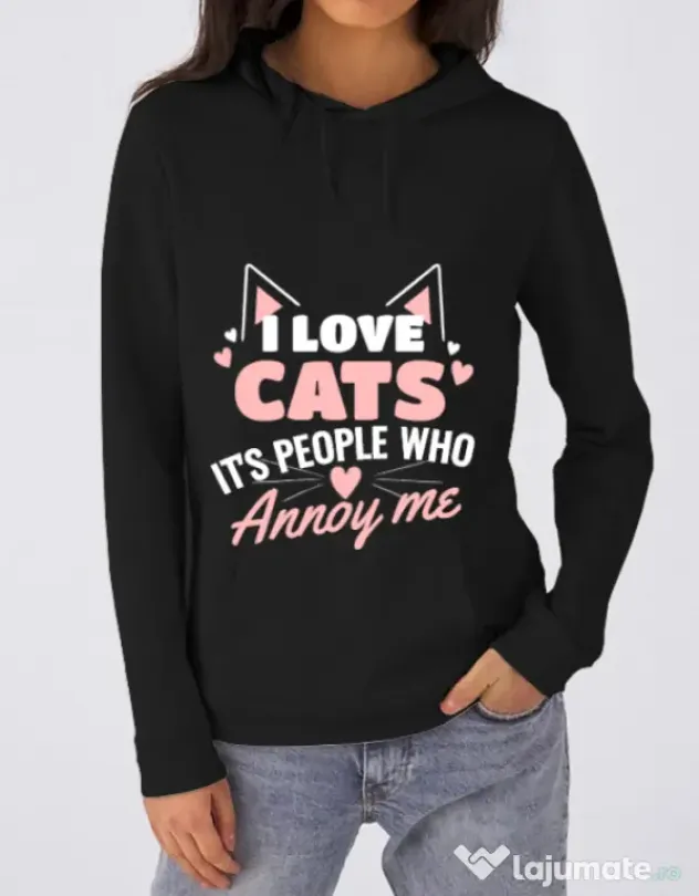Hoodie dama cu gluga I love cats Negru
