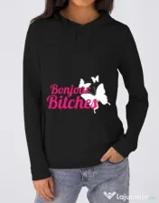 Hoodie dama cu gluga Bonjour bitches Negru 