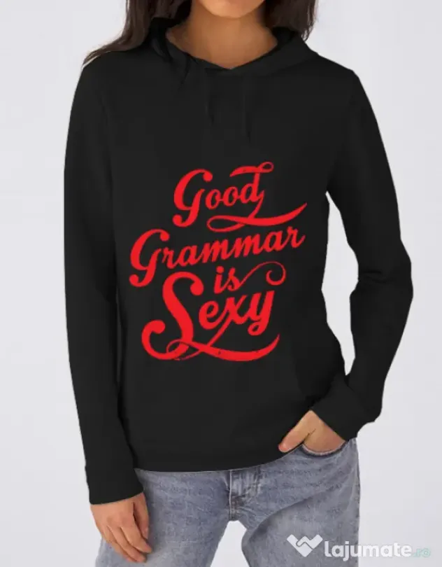 Hoodie dama cu gluga Good grammar Negru