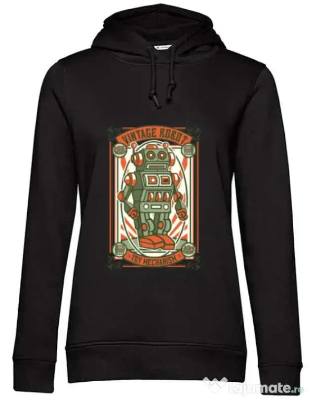Hoodie dama cu gluga Vintage Robot Negru