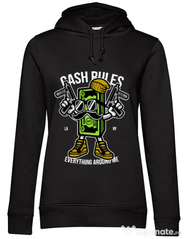 Hoodie dama cu gluga Cash rules Negru