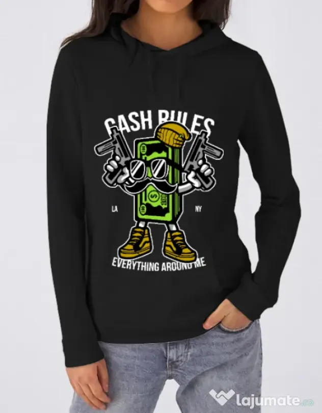 Hoodie dama cu gluga Cash rules Negru