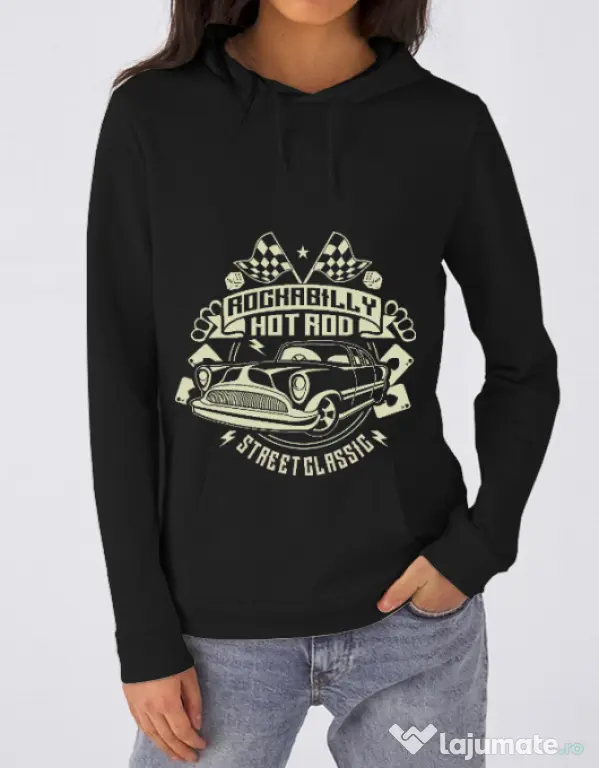 Hoodie dama cu gluga Rockabilly Hotrod Negru
