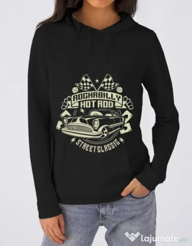 Hoodie dama cu gluga Rockabilly Hotrod Negru