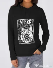 Hoodie dama cu gluga Where words fail, music speaks Negru 