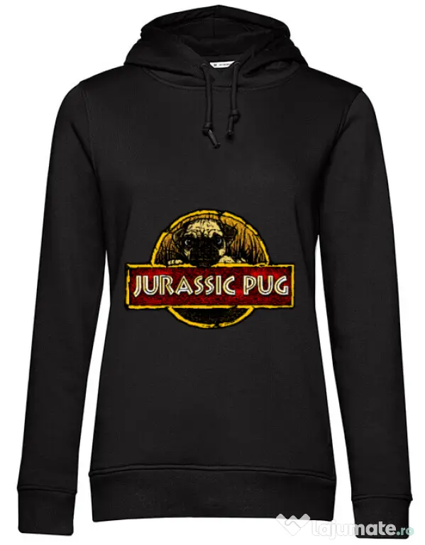 Hoodie dama cu gluga Jurassic Pug Negru