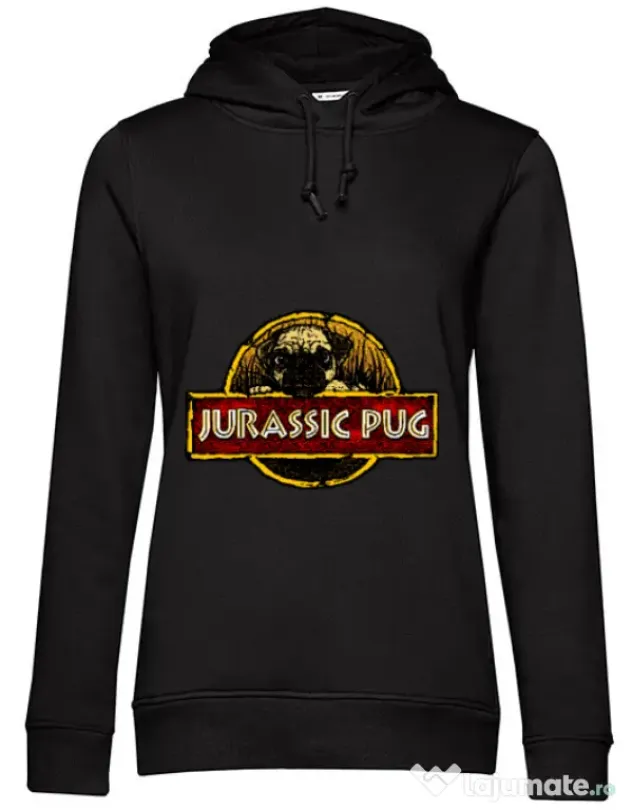 Hoodie dama cu gluga Jurassic Pug Negru